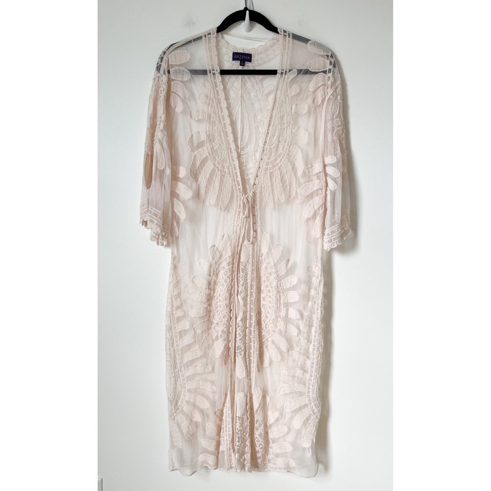 Artesia Boho Festival Floral Embroidered Lace Kimono Cream Womens Small